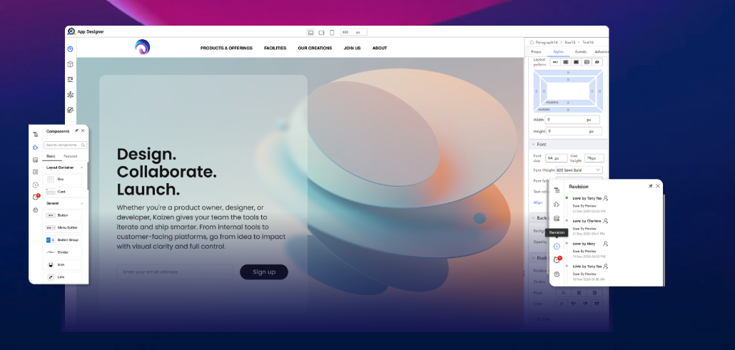 KAIZEN platform interface — design, collaborate, launch